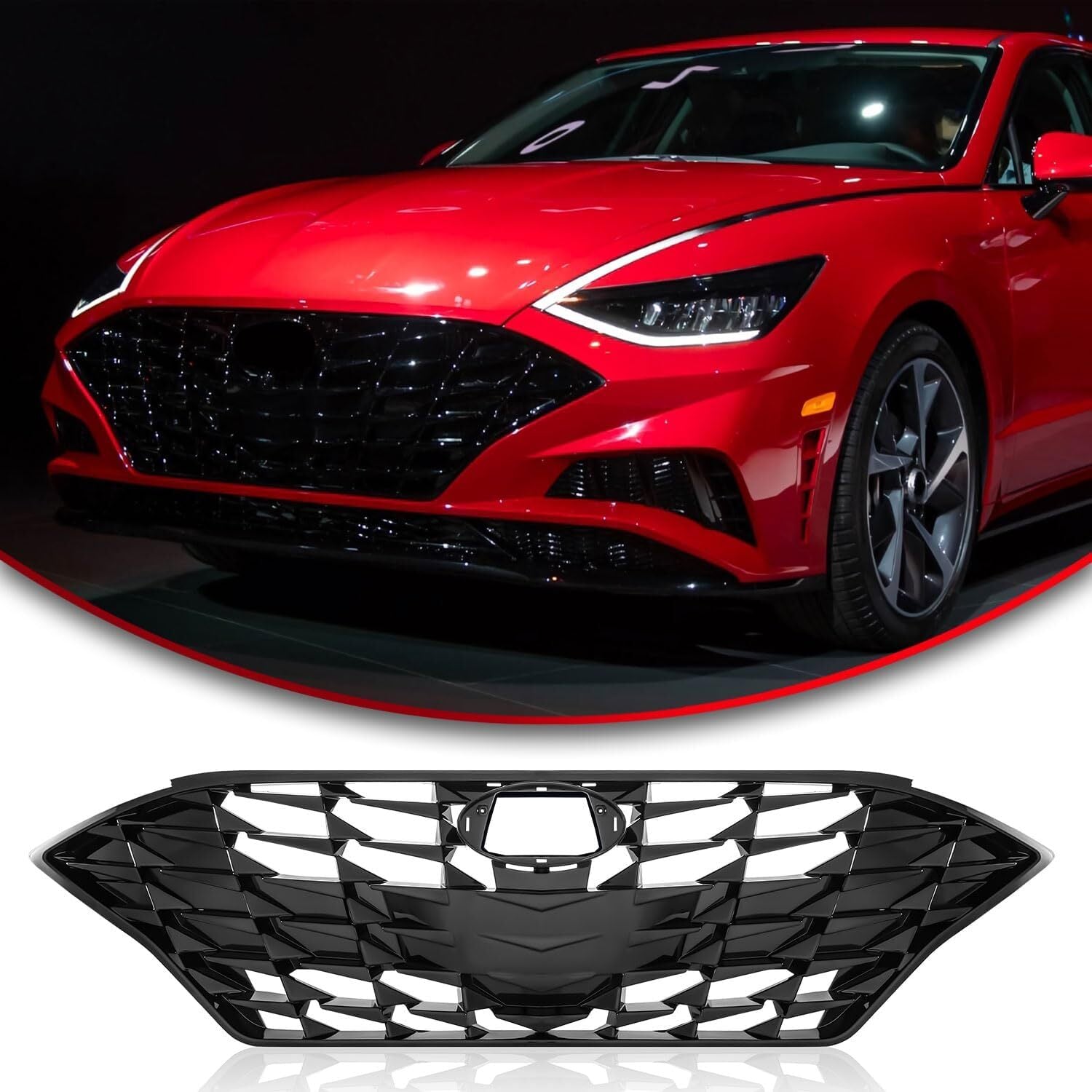 W/O Sensor Hole Front Upper Grille for Hyundai Sonata 2020-2023 Gloss Black