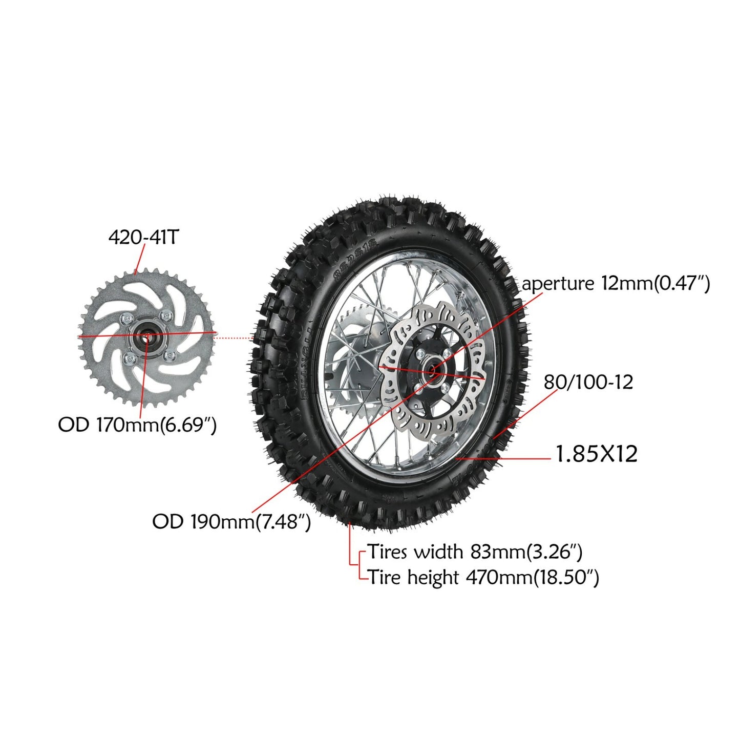 12-inch rear wheel, 80/100-12 tire, rim assembly, suitable for 50cc, 110cc, 125cc, and 70cc pit bikes.