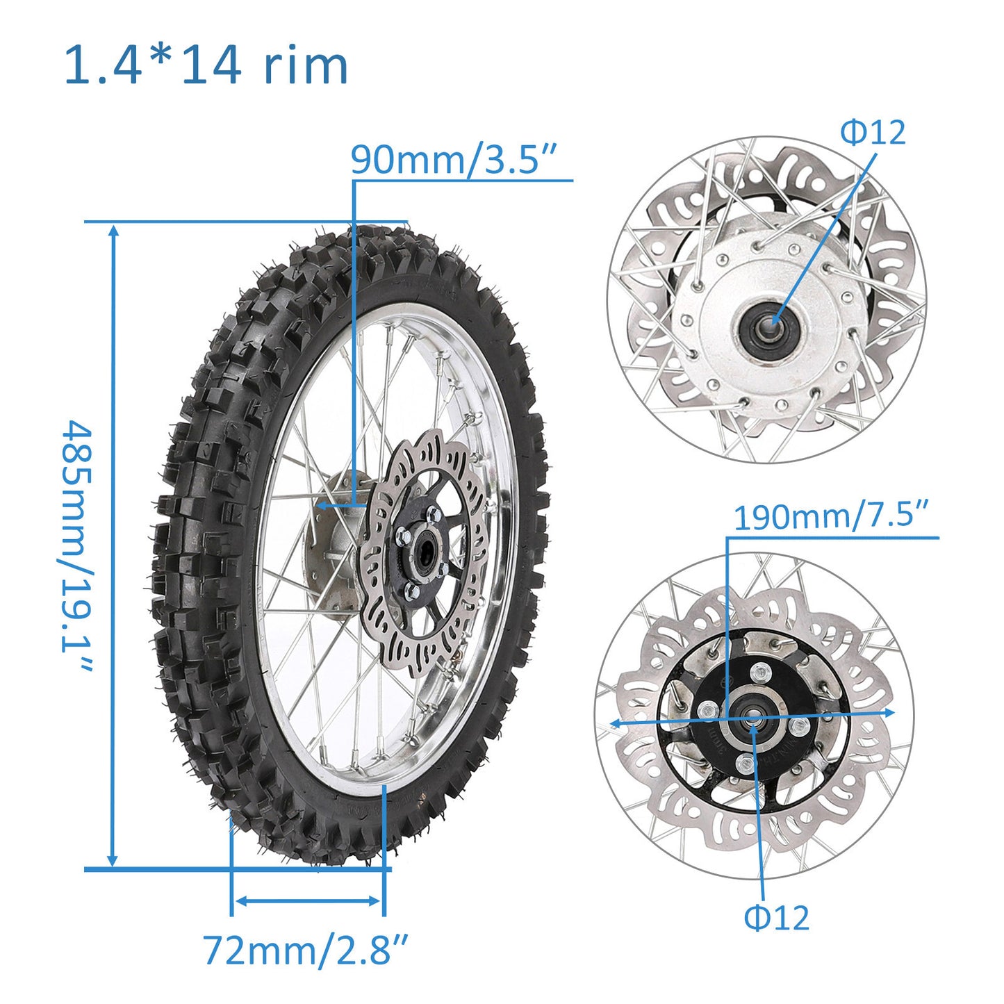 Front wheel 60/100-14, rim 2.50-14, Pit Dirt bicycle CRF50 SSR Apollo 110 125cc.