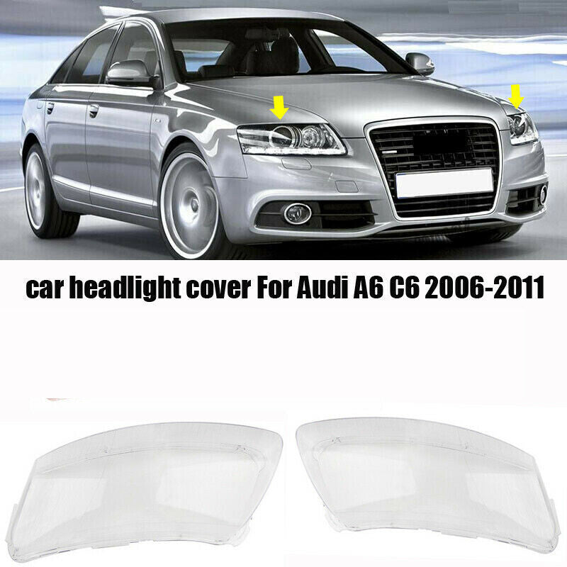 Pair Clear Lens Headlight Lampshades Cover Replacement for Audi A6 C6 2006-2011