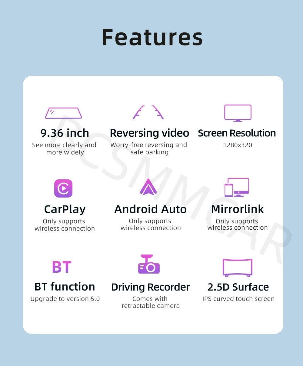9.36in Car Radio Rearview Mirror Dash Cam Recorder Touch Screen Bluetooth FM TF