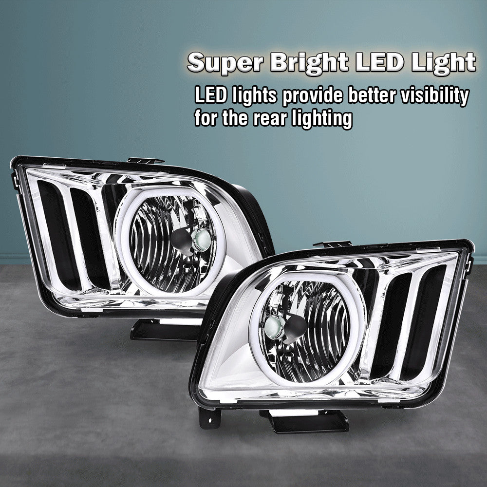 Suitable for 2005-2009 for Ford Mustangs, chrome-plated LED DRL halo headlights.