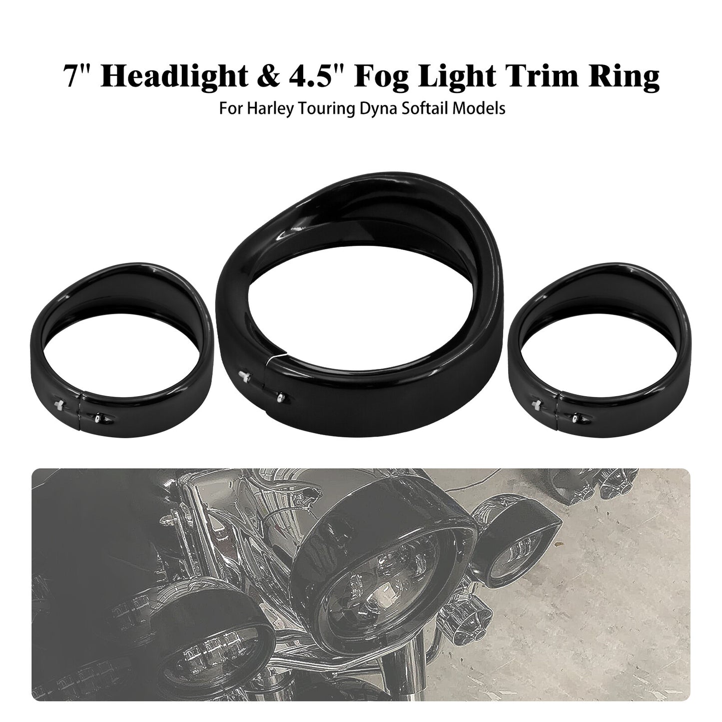 Gloss Black 7Headlight+4.5Auxiliary light Visor Trim Ring for Harley Road King