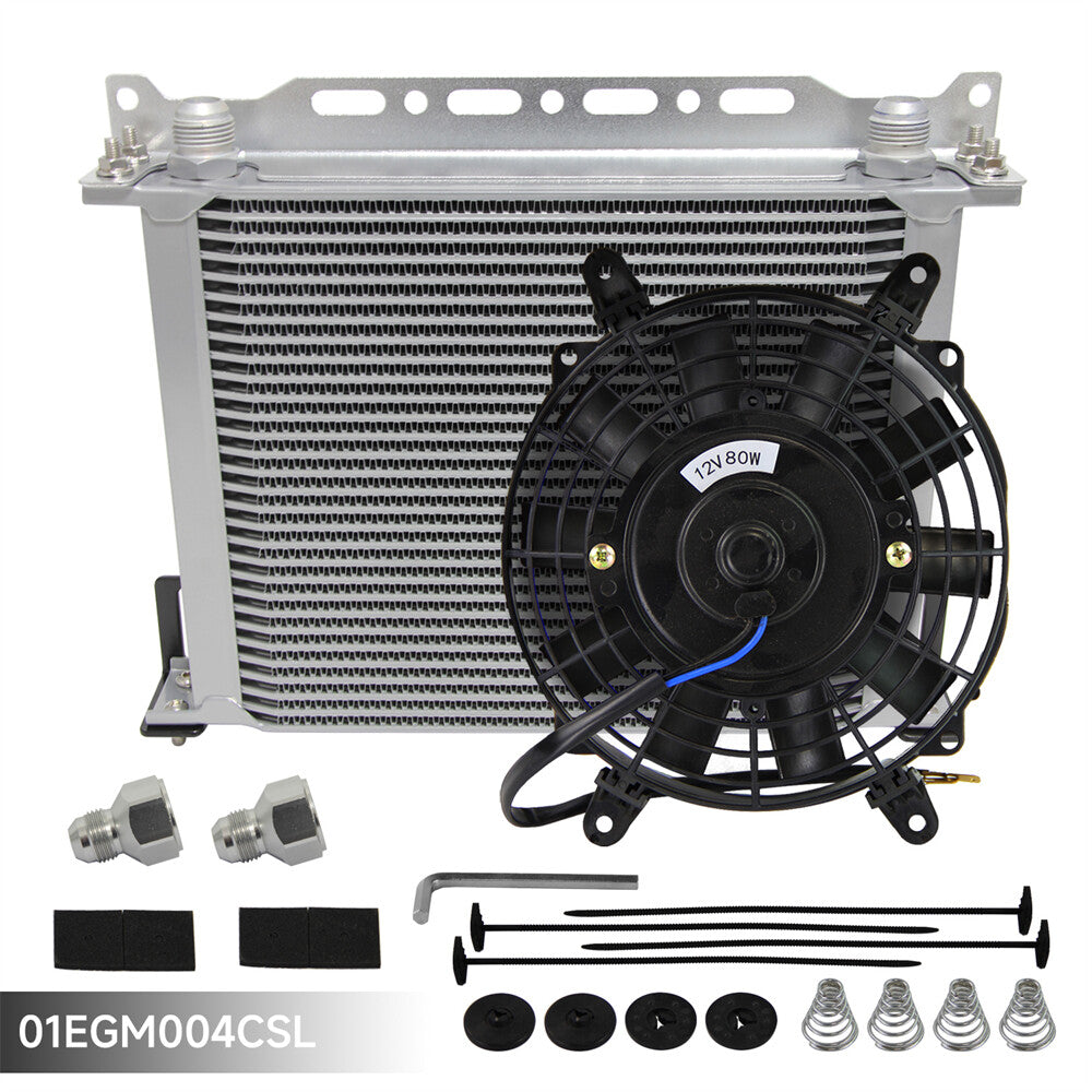 Universal 30 Row AN10 Engine Oil Cooler w/AN10 to AN8 Fittings + 7 Fan Silver
