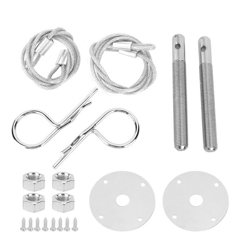 Chrome Car Stainless Steel Practical Mount Engine Hood Pin Plate Bonnet Lock Set