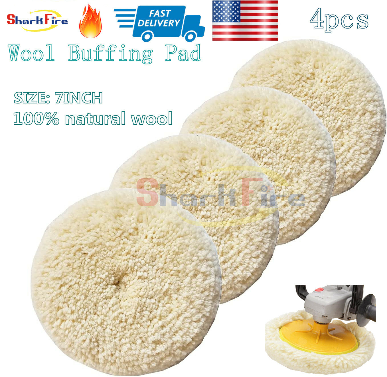 Wool Polishing Cushion Kit for Drilling 7-inch 100% Natural Wool Hook and Loop Handles