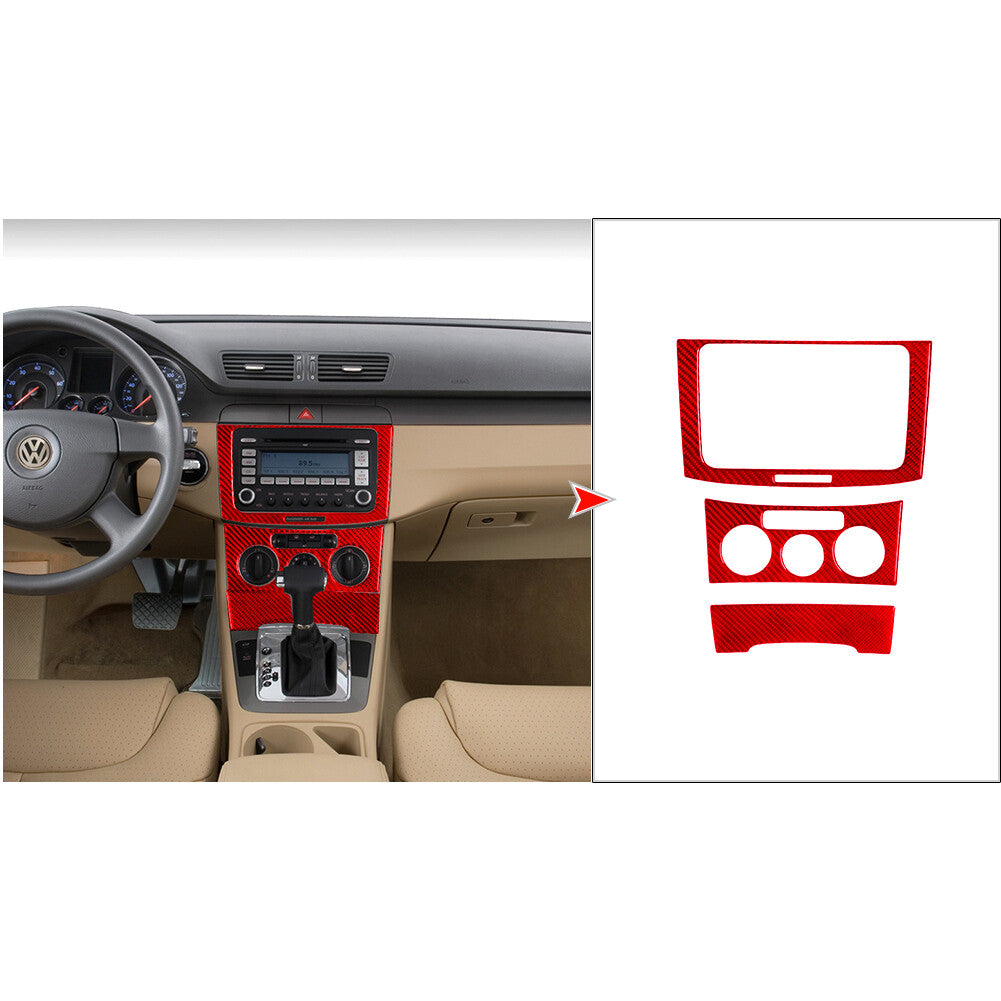 3Pcs Center Console Panel Trim Carbon Fiber Sticker for VW for Passat 2006-2011 Red