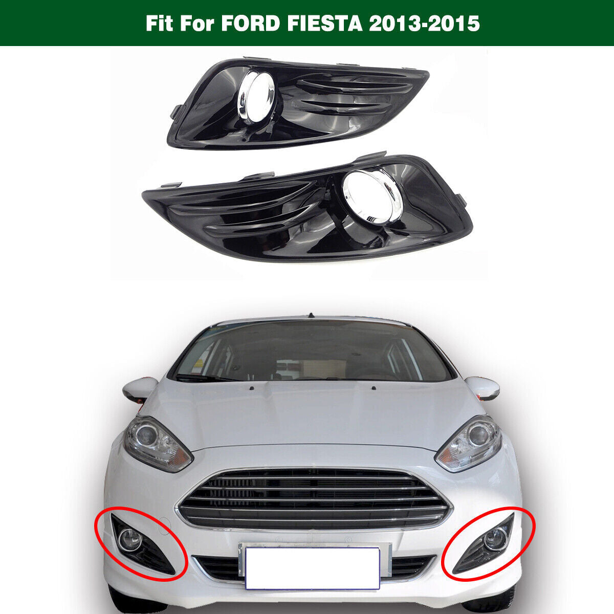 Gloss Black Pair Front Fog Lights Cover Grill Bezel for Ford Fiesta 2013-2015