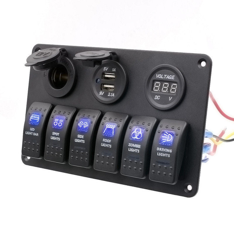 12V Car Boat 6 Gang Switch Panel Cigarette Lighter Dual USB Socket Red Voltmeter