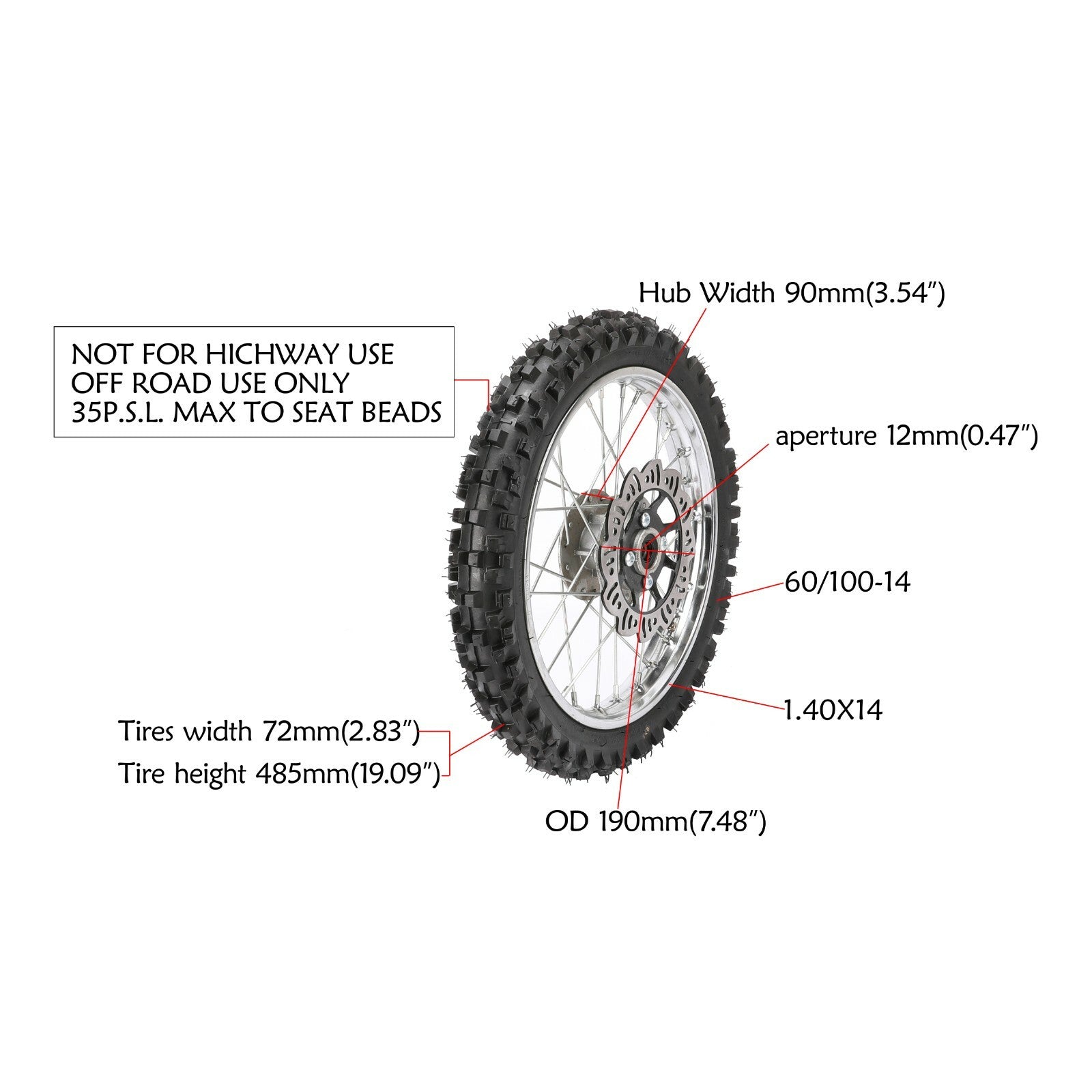 14-inch front wheel, 60/100-14 tire, rim assembly, suitable for 140cc, 110cc, 125cc, and 70cc pit bikes.