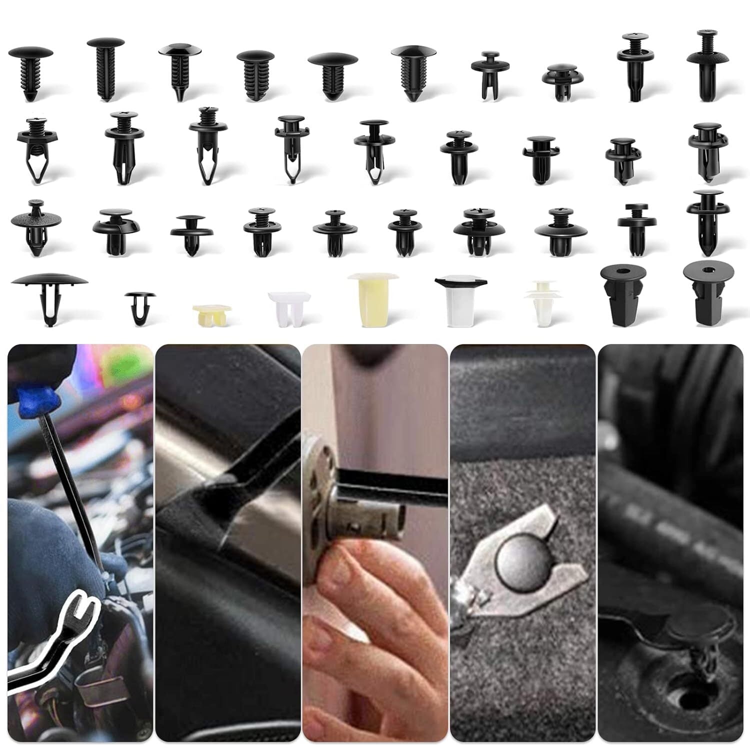 597-piece mudguard, door cover, bumper, car trim clip, body fixation kit for Ford , GM, and for Toyota .