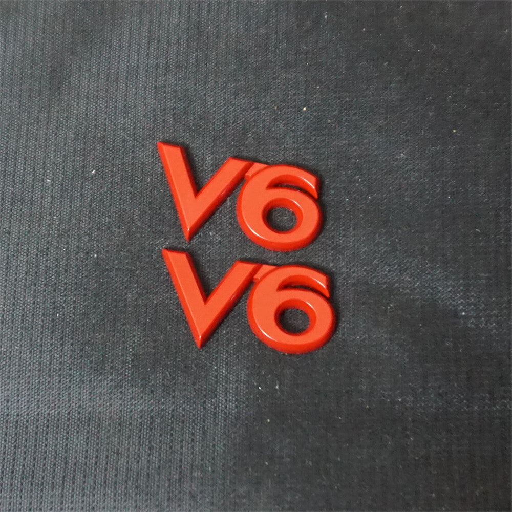 2x V6 Matte Red Metal Sticker Badge Emblem Decal Performance Motors Turbo Fender