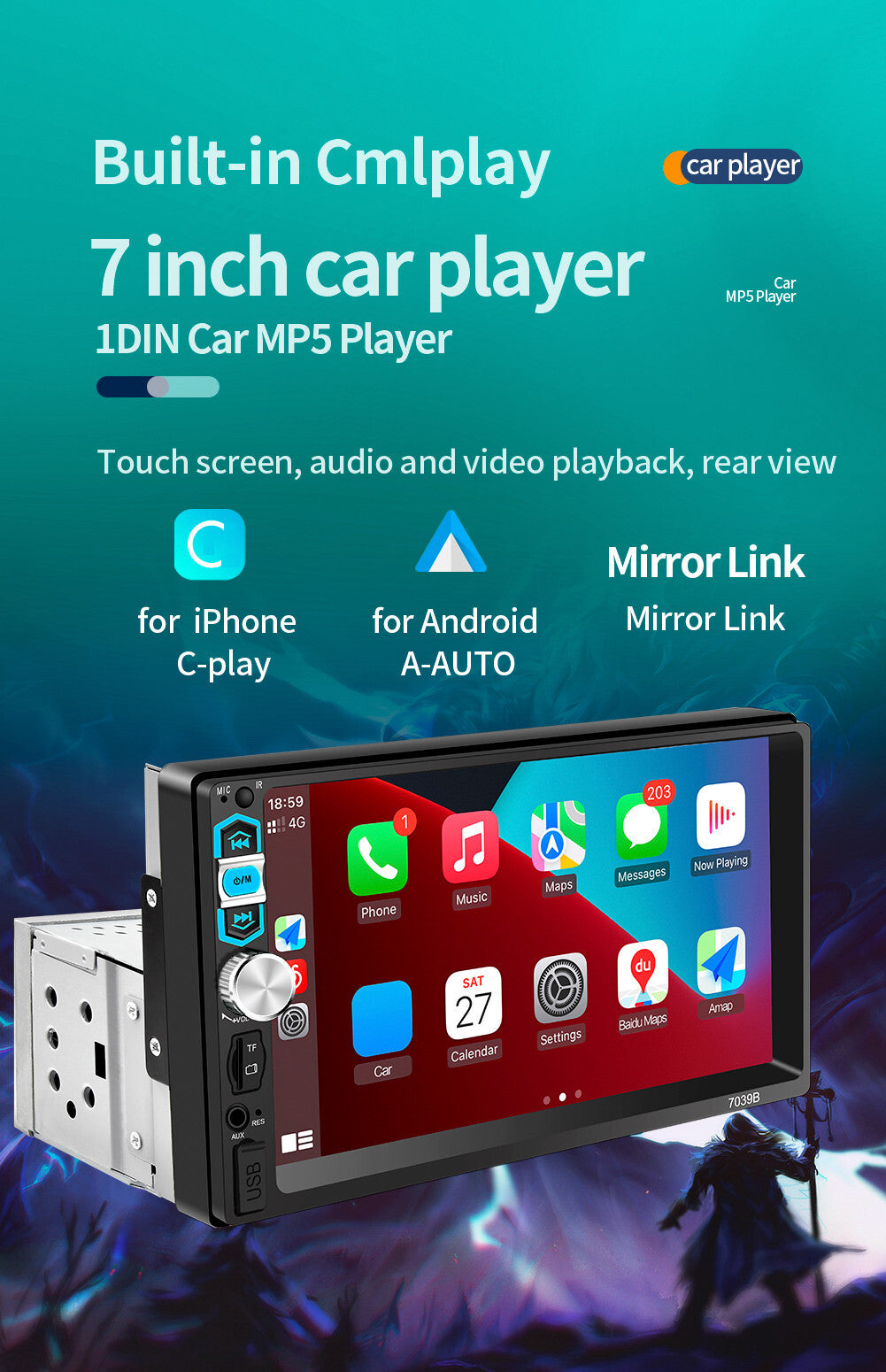 7in Single 1 DIN Car Stereo Touch Screen Radio Bluetooth MP5 Player For Carplay