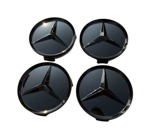 4-piece set of 75mm black wheel center hubcaps with AMG rim badges