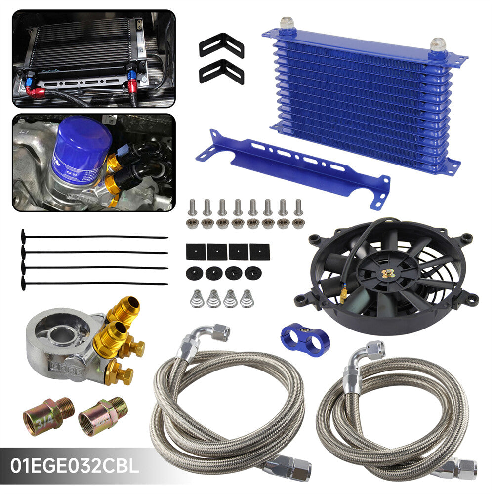 13 Row Oil Cooler Kit w/Thermostat Oil Filter Adapter Kit+7 Electric Fan Kit BL