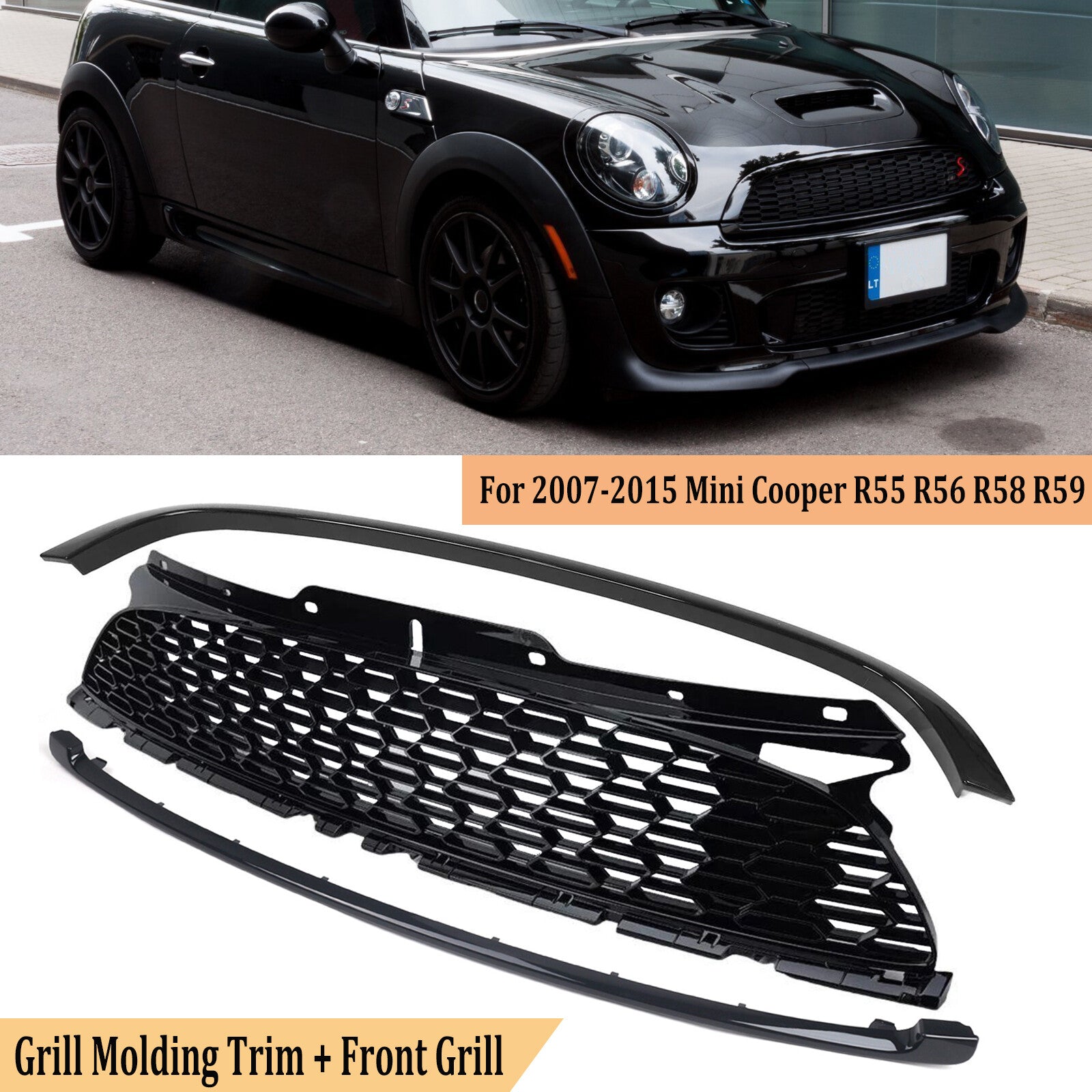 for Mini Cooper S R55 R56 R57 R58 2007-2015 Front Grille +Hood Molding Trim Set