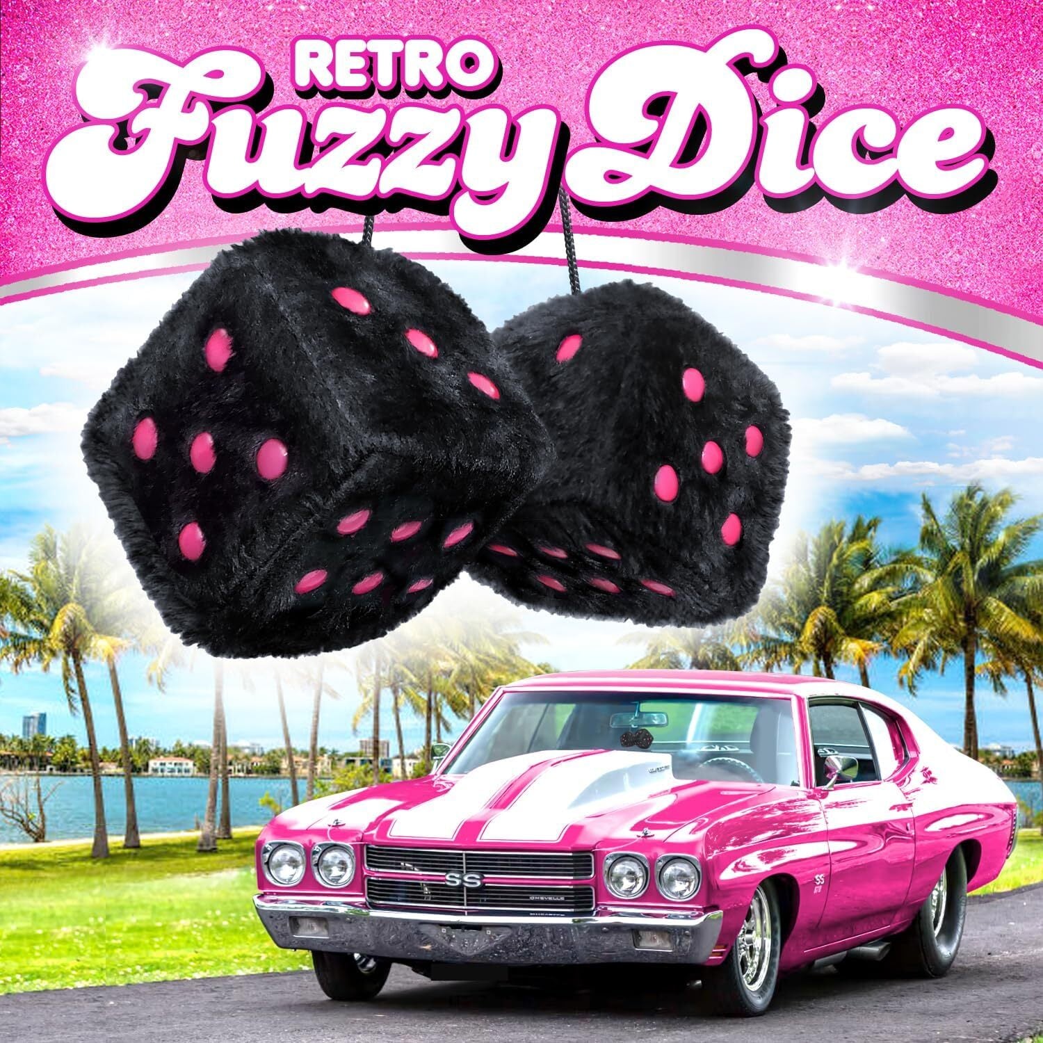 2.36¡± Fuzzy Plush Dice Retro Square Plush Hanging Mirror Fuzzy Dices Black-Pink