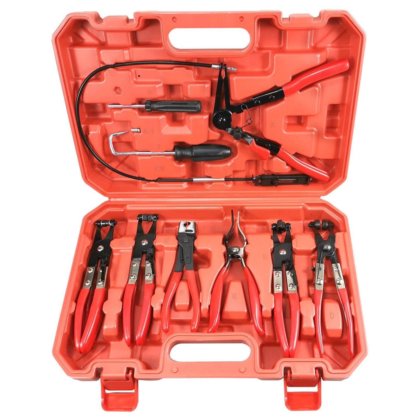 9-piece set of automotive fuel and water hose installation tools, flexible locking hose clamps and pliers.