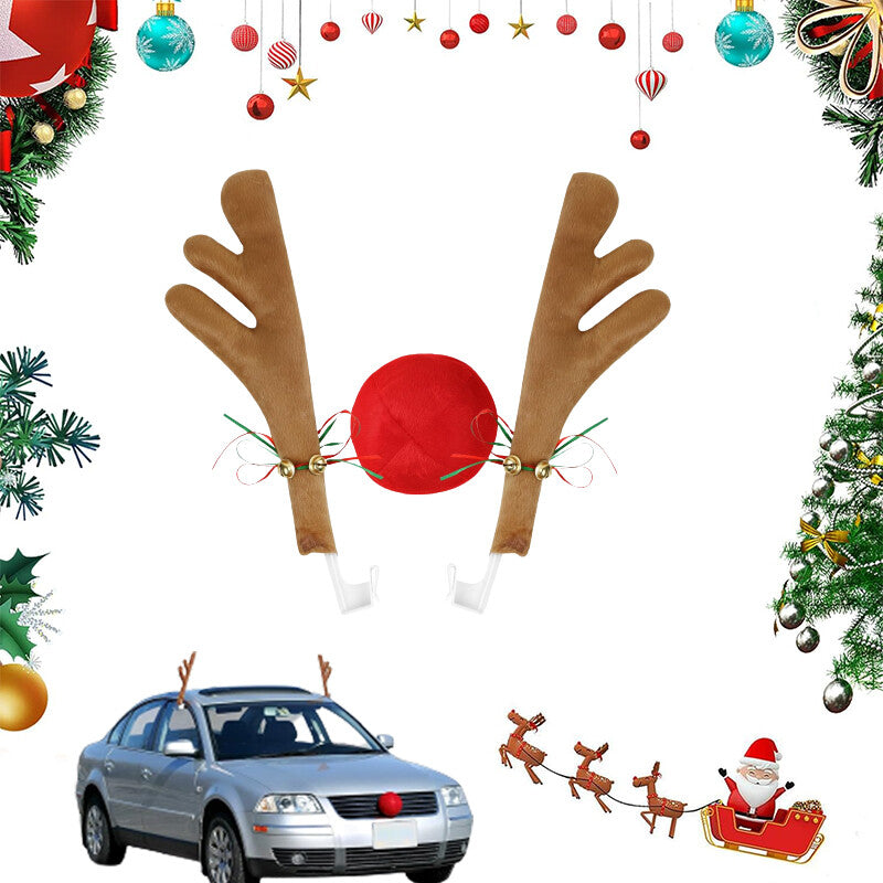 3Pcs Antlers And Red Nose Reindeer Decoration Car Christmas Holiday Light Brown