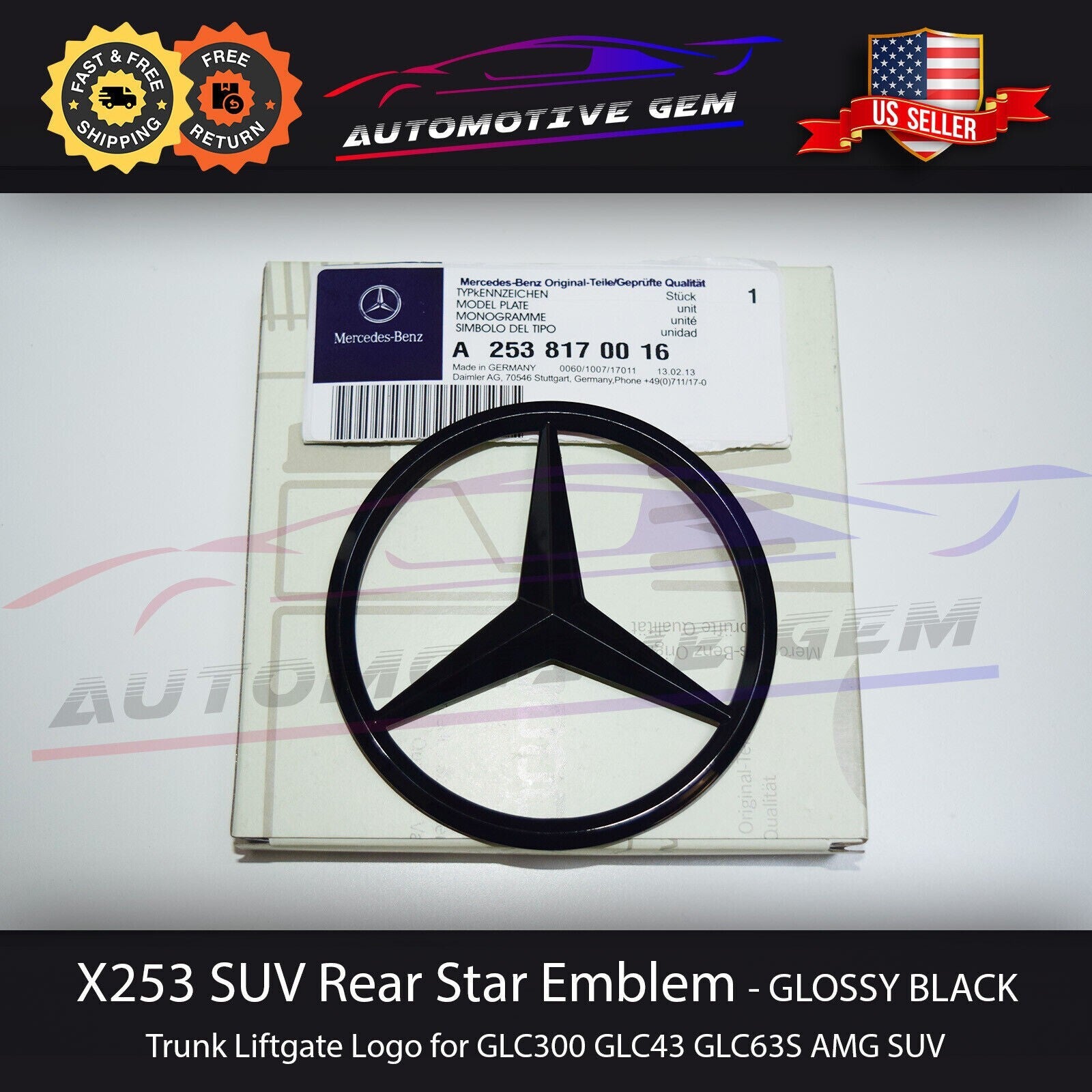 GLOSSY BLACK X253 SUV Star Emblem Rear Trunk Lid Logo Badge AMG GLC300 NEW