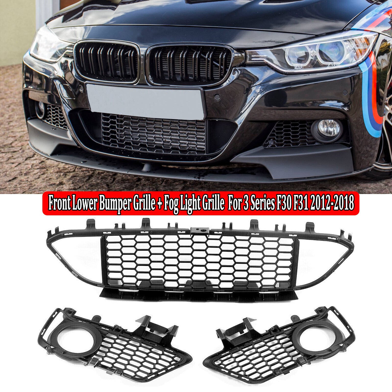 Front-mounted BUMPER FOG LIGHT GRILLE + CENTER MESH kit for BMW F30, F31, F35, M Sport 12-18