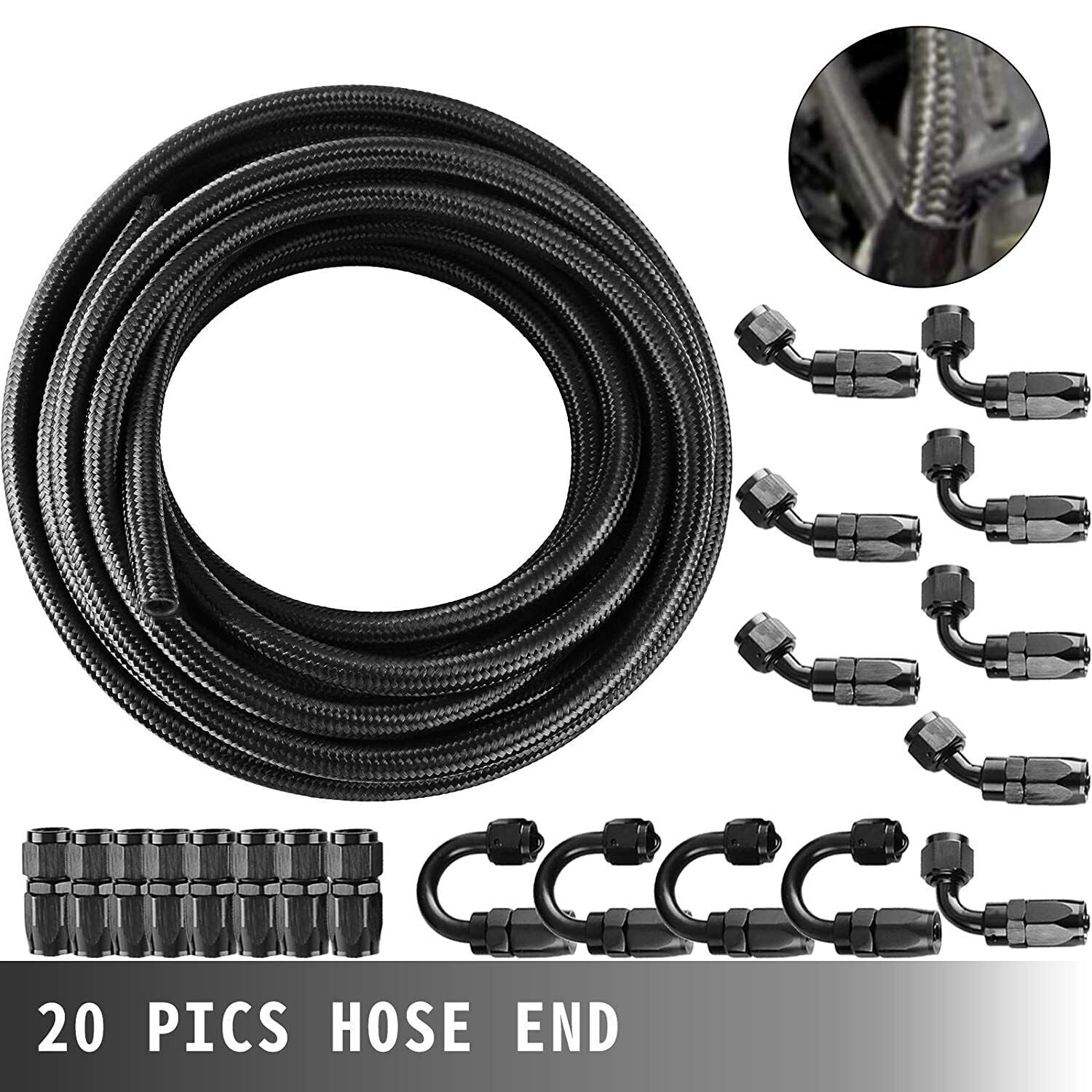 10AN Black Nylon E85 CPE Gas Line 33ft 20-Piece Accessory Hose Kit - Black