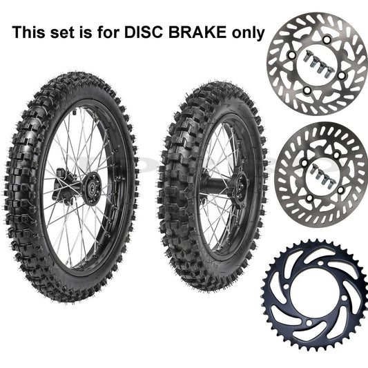 14-inch and 12-inch wheels, 60/100-14 and 80/100-12 rims, for mountain bikes CRF50, KX65, and Apollo, 110cc, 125cc.