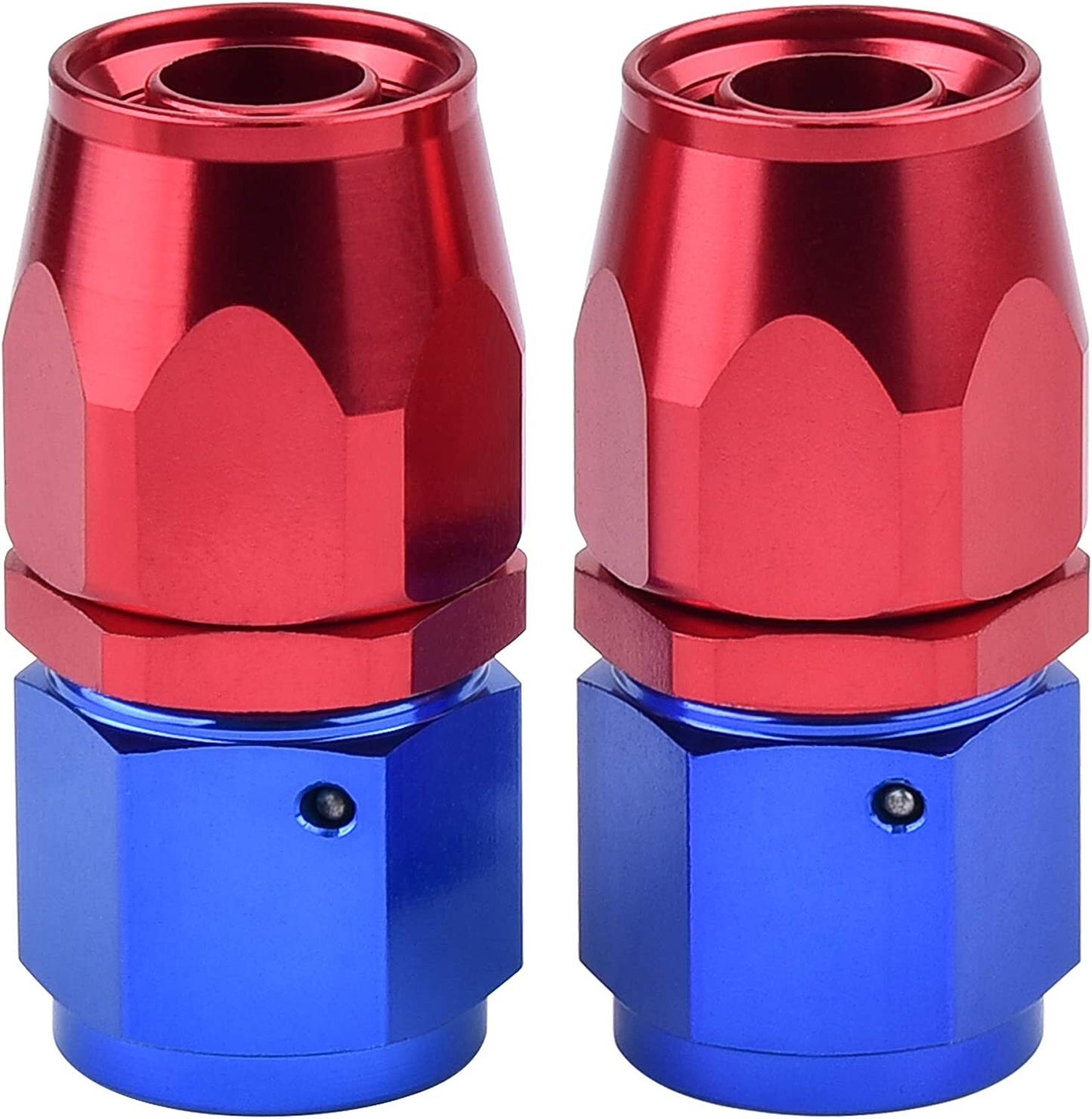 6/8/10AN swivel hose end connectors are directly compatible with braided CPE fuel hoses in blue and red (4-piece set).