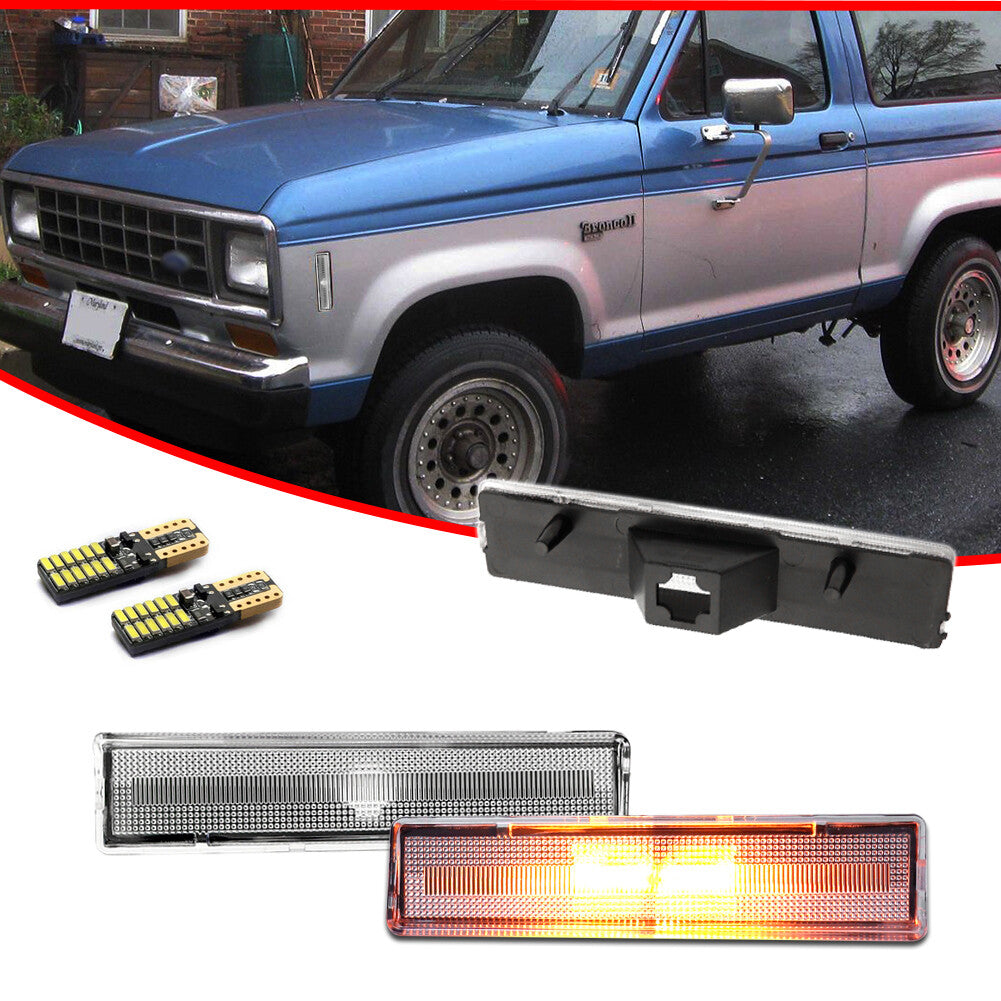 Transparent front corner side marker lights with amber bulbs suitable for 1980-1986 for Ford F150/250/350 models.
