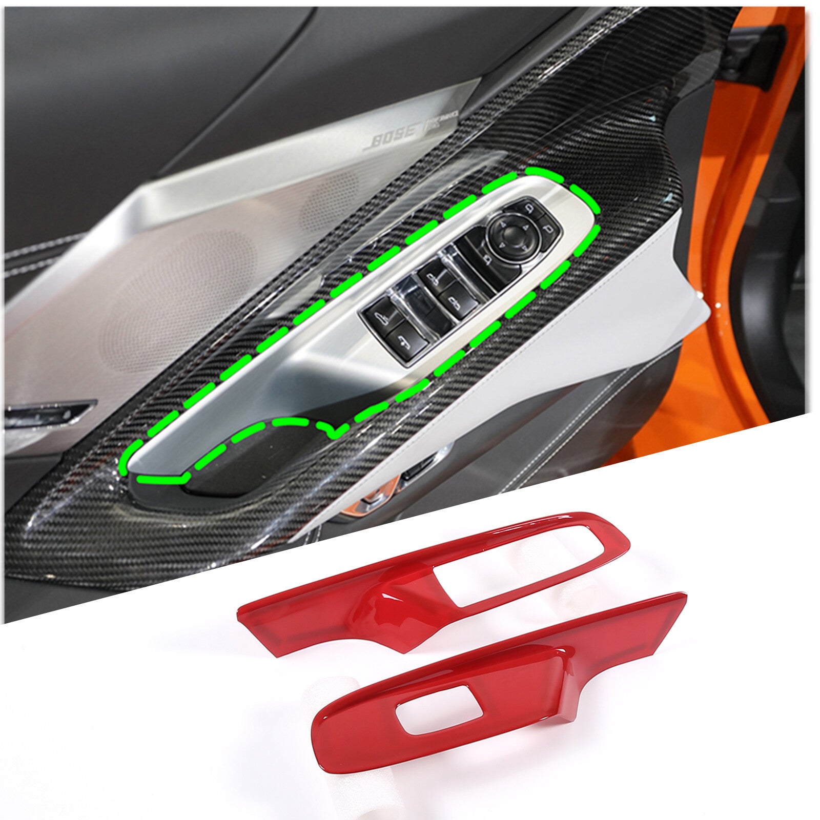 ABS carbon fiber window lift button cover trim for Corvette C8 adjustable 20-24-inch windows.