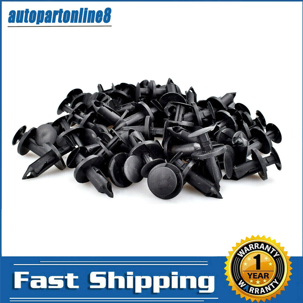 100-piece pack of black plastic rivets with 8mm hole fasteners for mudguards and bumpers - promotional clips