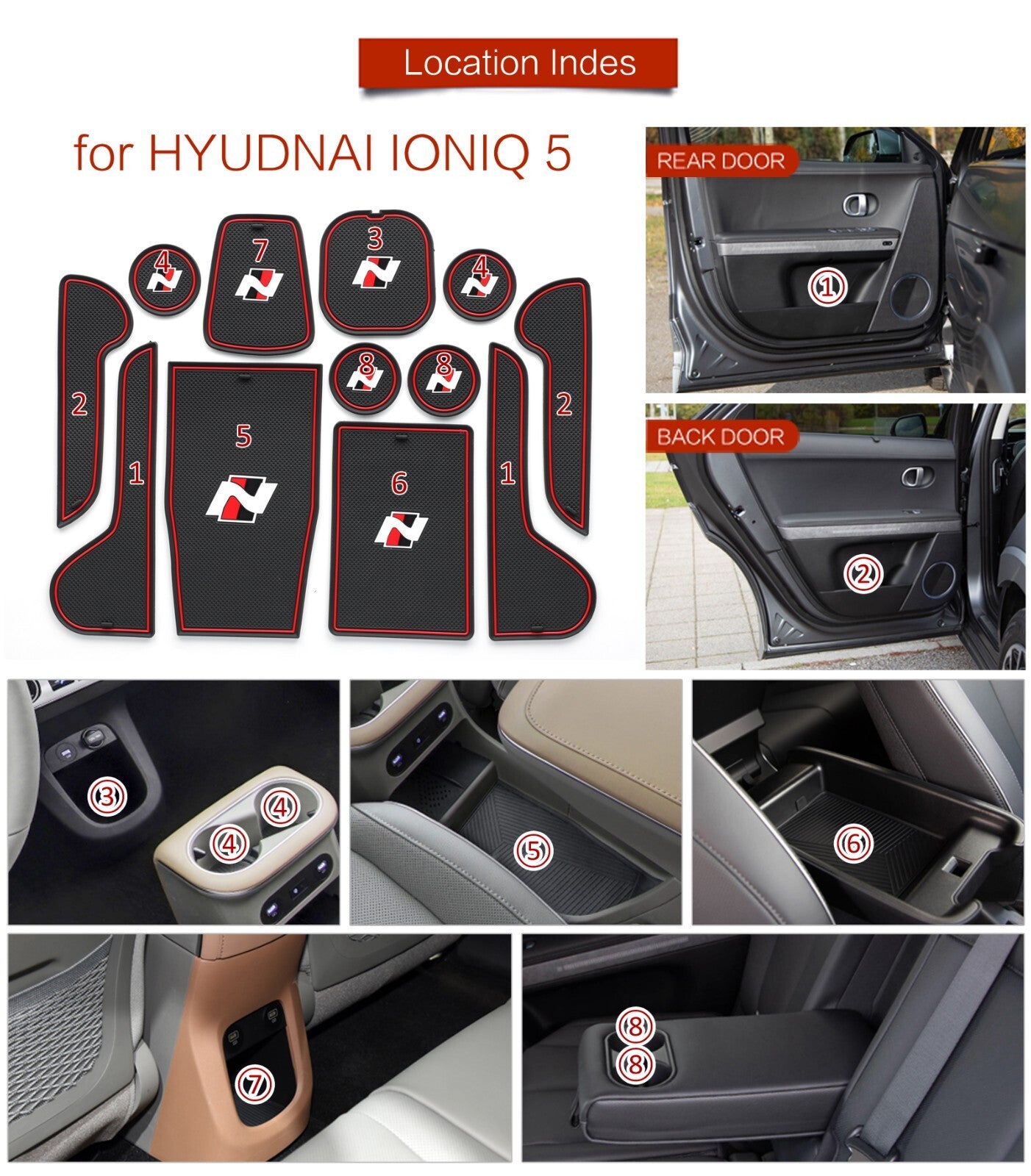 for Hyundai IONIQ 5 Anti-Slip Gate Slot Mat Door Groove Pad Cup Coaster Red