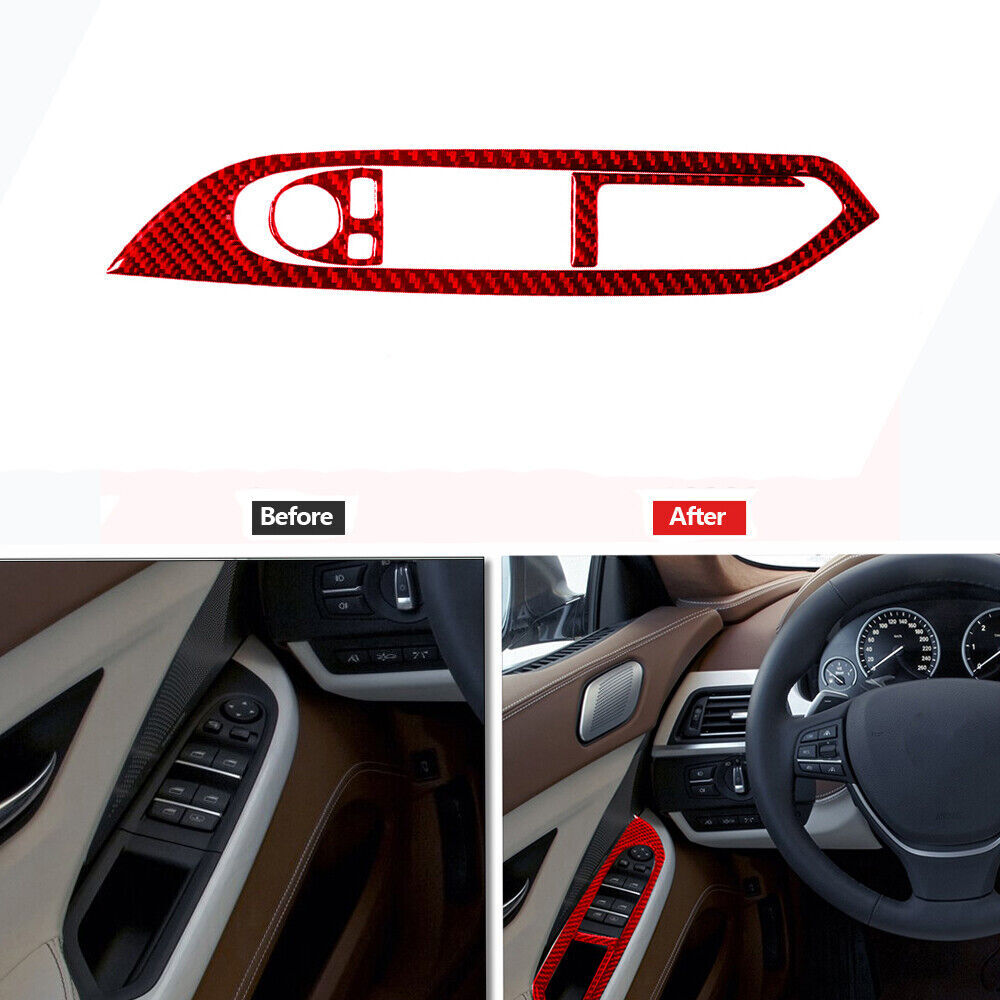 3Pcs Red Carbon Fiber Driver Window Switch Panel Cover Trim for BMW 6 Series F12