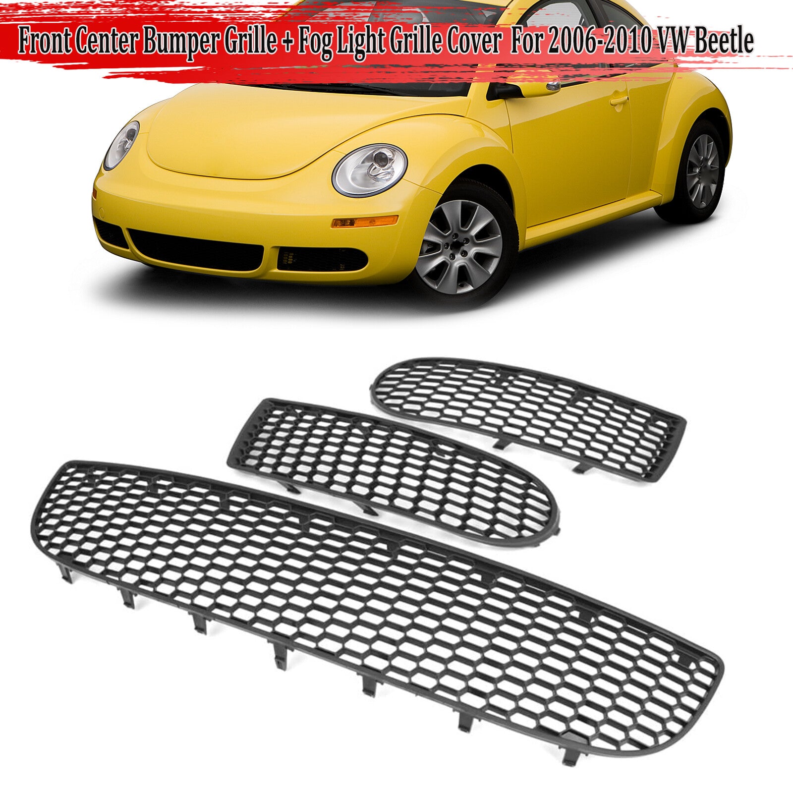 3x Front Center Bumper Lower Grill+Fog Light Grille Cover For 2006-10 for VW Beetle