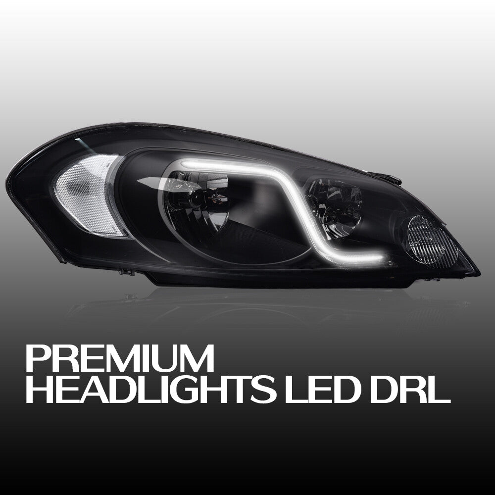Suitable for 2006-2016 for Chevrolet Impala headlights with LED DRLs, black/smoky finish.
