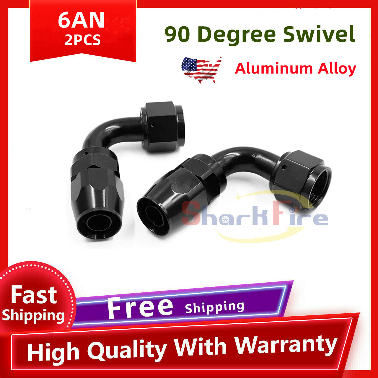 2-Pack Black Aluminum 6AN 90-Degree Rotating Automotive Fuel Hose AN6 End Fittings