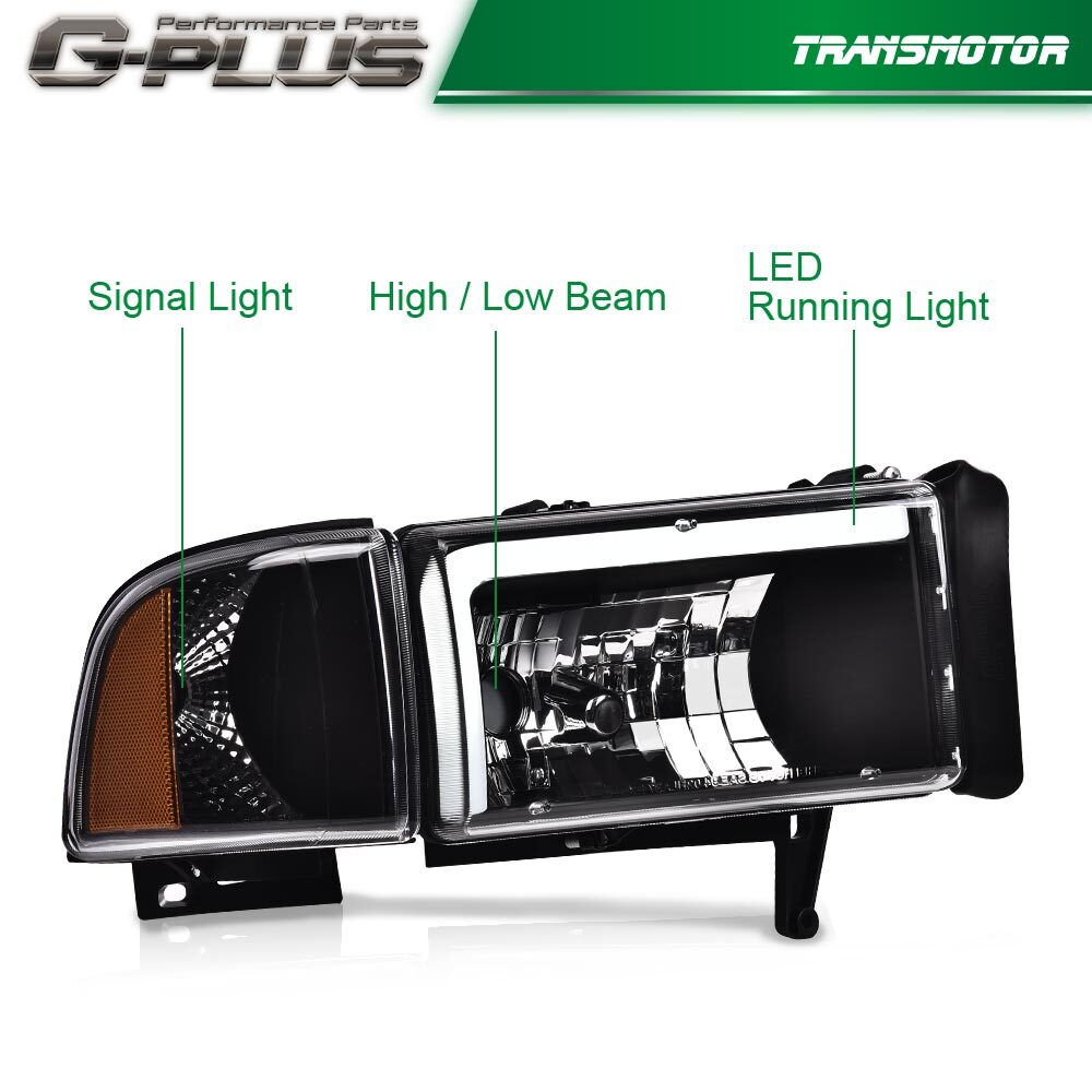 Suitable for 1994-2002 for Dodge for RAM 1500 2500 3500 pickups, black LED DRL headlight.