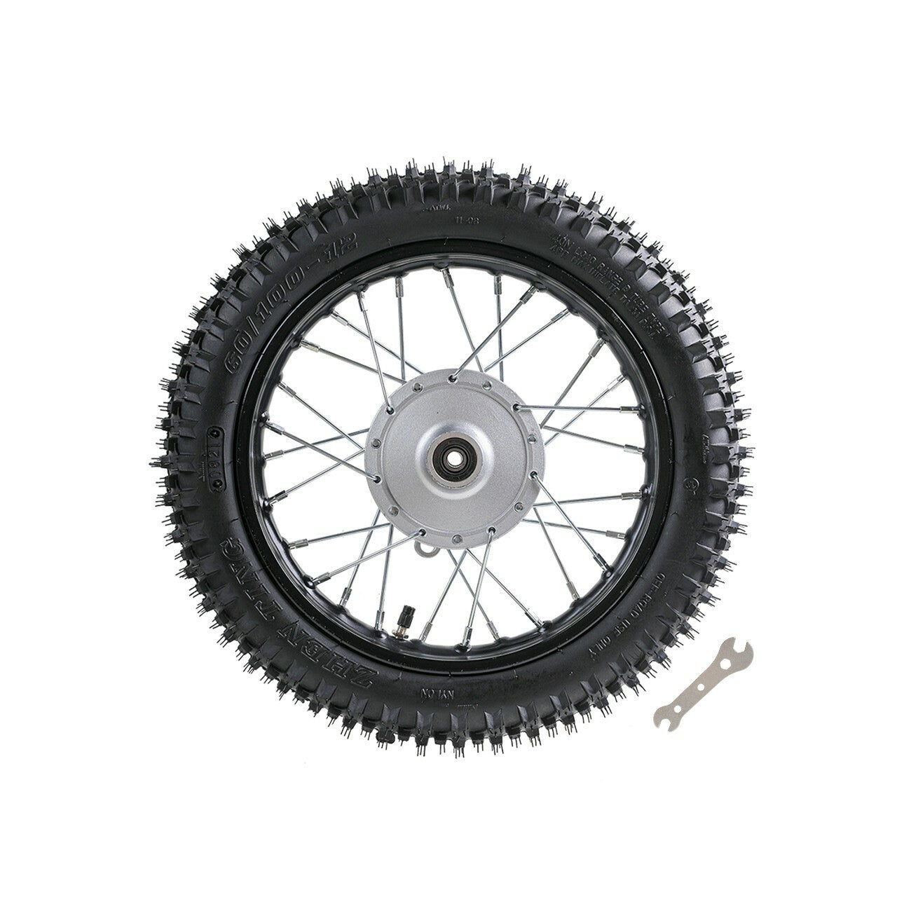 12-inch front wheel, 60/100-12 tire, 1.4x12 rim, 1.4x12 ft diameter, suitable for bicycles with capacities of 50cc, 70cc, 110cc, or 125cc.