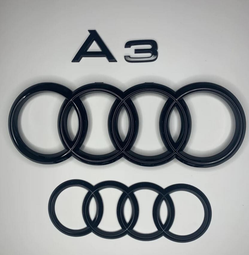 Hooded grille rear ring badge set for Audi A3, trunk boot sticker, glossy black.