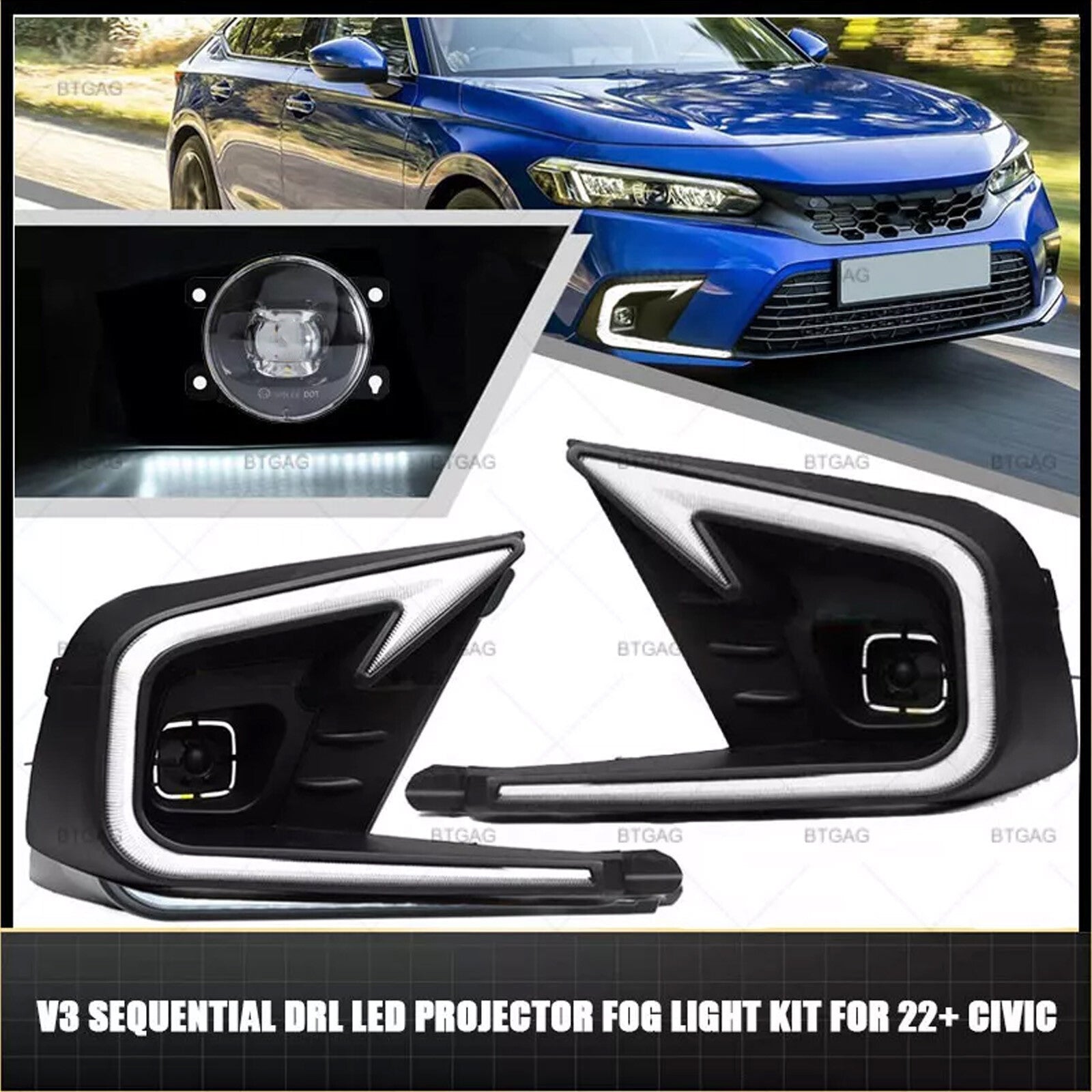 Suitable for 2022-2024 for Honda for Civic DRL LED Daytime Running Lights and Fog Light Kit (Pair) NenE