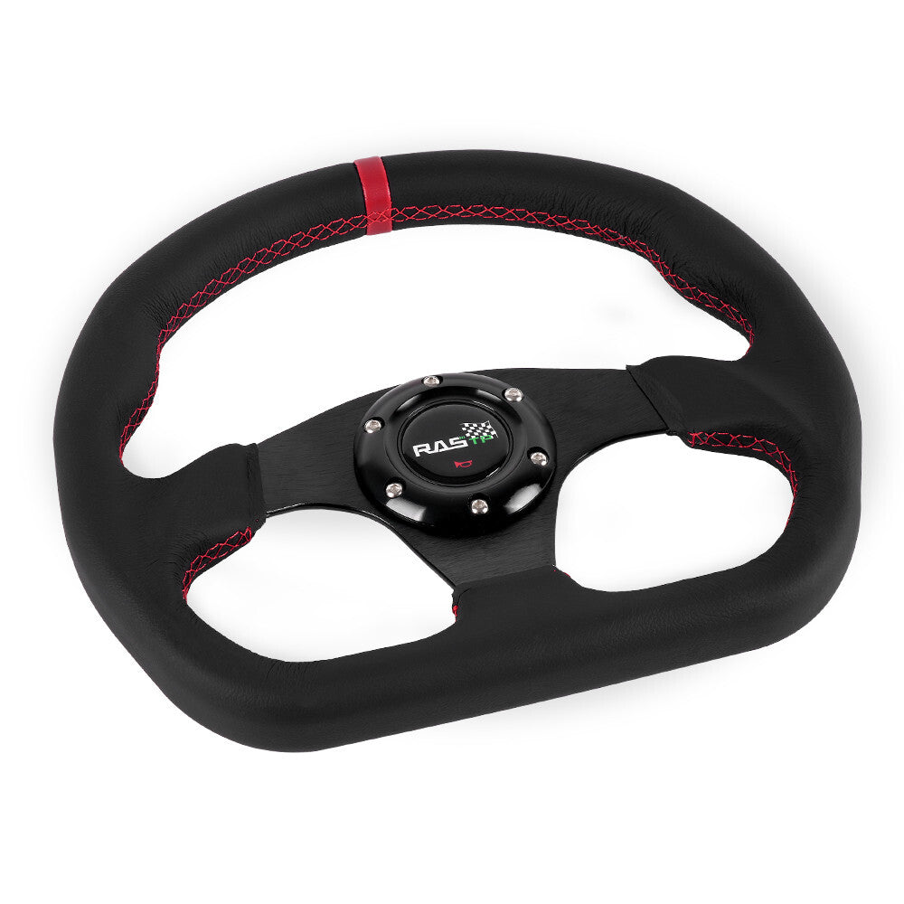 Red Ring Racing Sport Steering Wheel 13IN Genuine Leather Flat Dish D-Shape