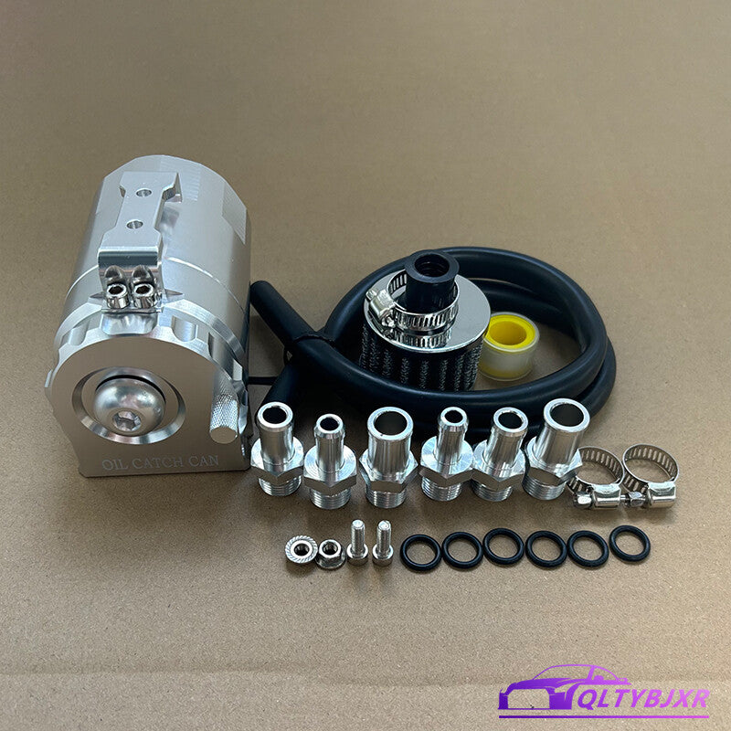 1Silver Oil Catch Can Kit with Breather Filter Reservoir Baffled Tank Aluminum