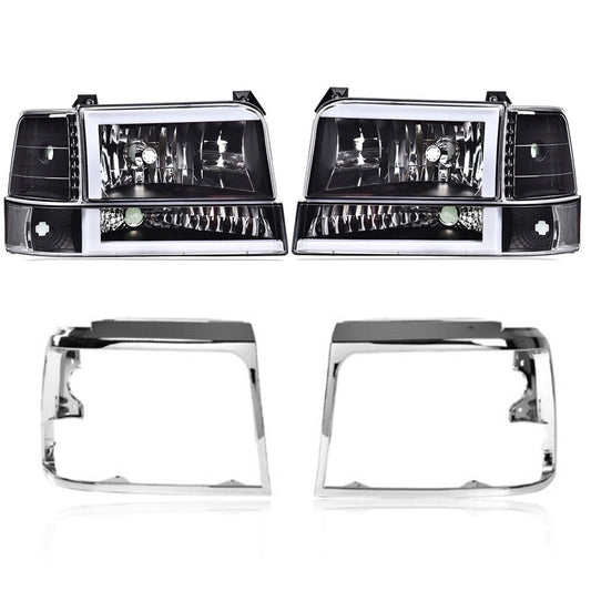 Suitable for 92-96 F150 F250 LED DRL black/clear headlights + chrome trim around the headlight doors.