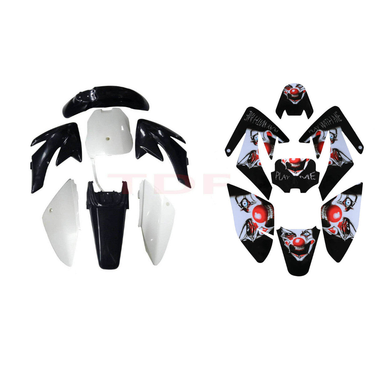Decal graphics + plastic mudguards for Honda CRF70 motorcycles