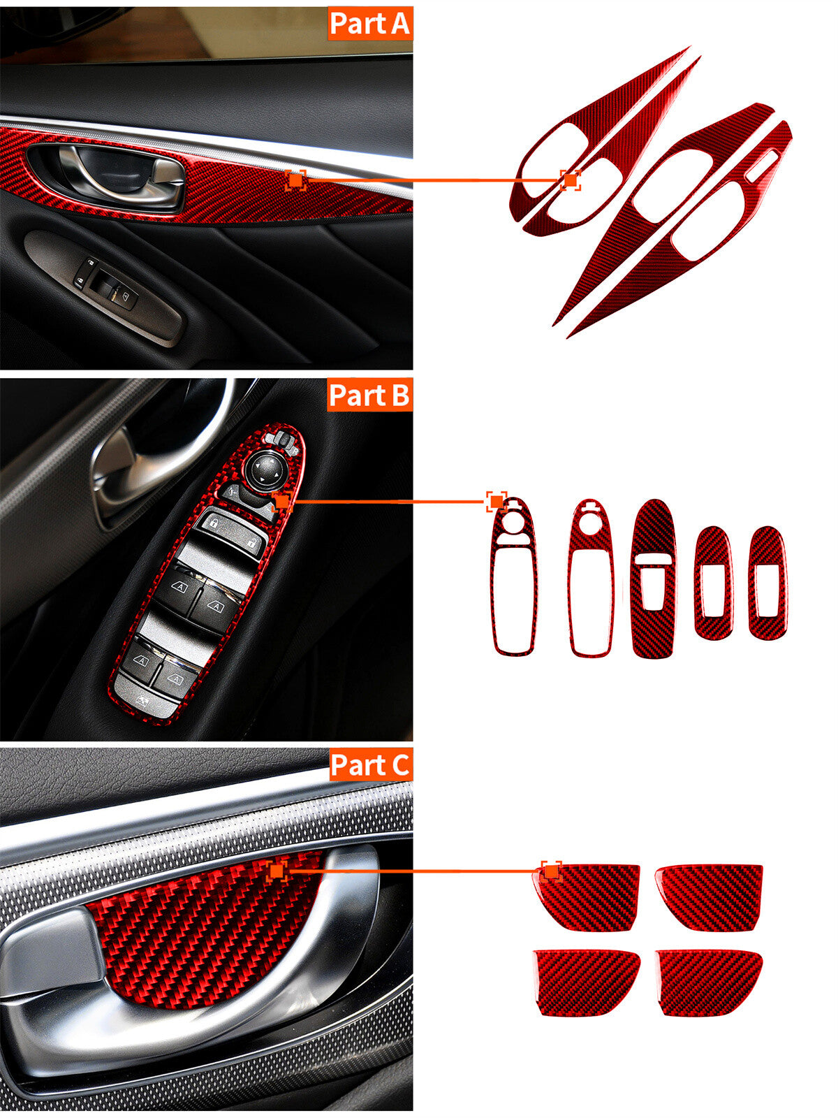 Red Carbon Fiber Interior Door Panel Window Lift Trim for Infiniti Q50 Q60 2014+