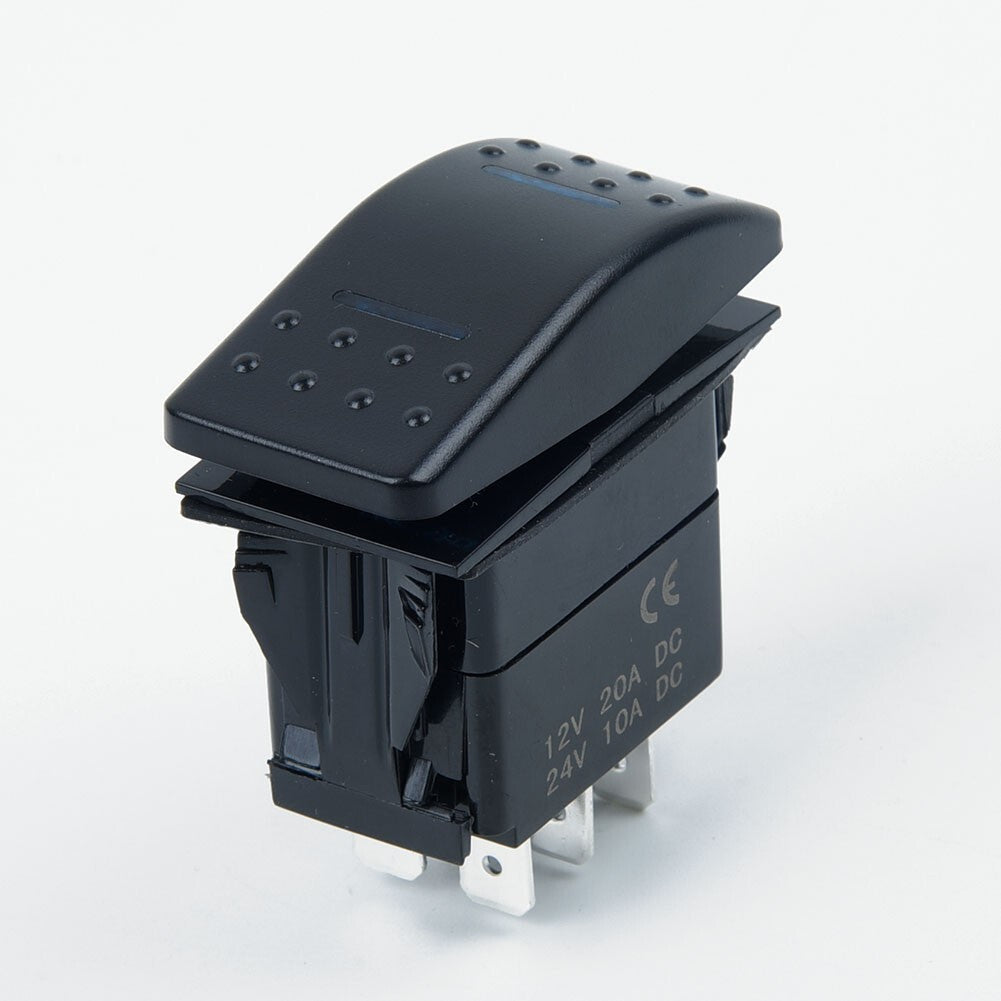 1 Blue LED rocker switch, 7-pin DPDT, 3-way 12-24 volt waterproof for cars and boats.