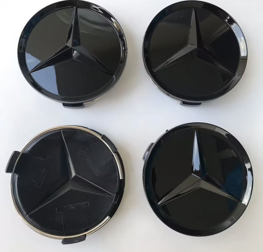 4 x 75mm all-black glossy wheel center hubcaps ESM grade ML power outage