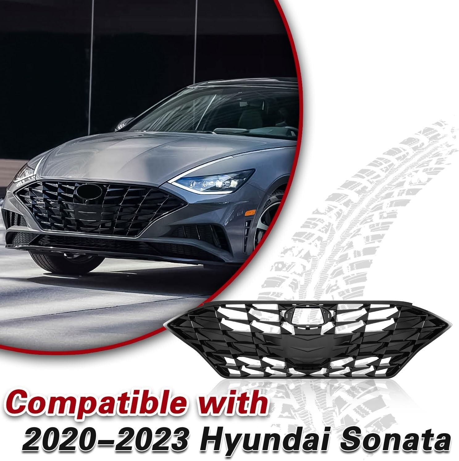 W/O Sensor Hole Front Upper Grille for Hyundai Sonata 2020-2023 Gloss Black