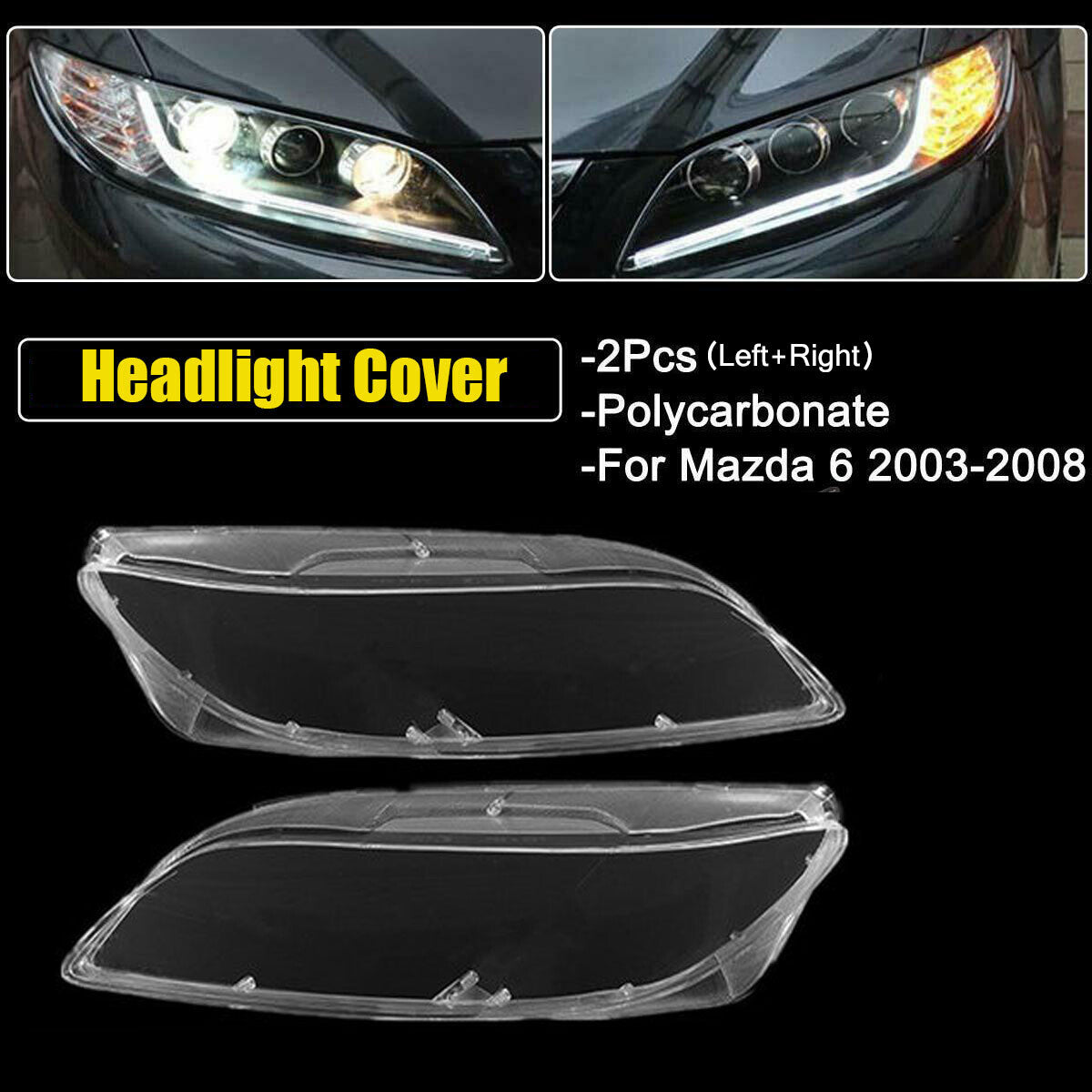 Pair Headlight Lampshade Replacement Covers Clear Lens for Mazda 6 2003-2008