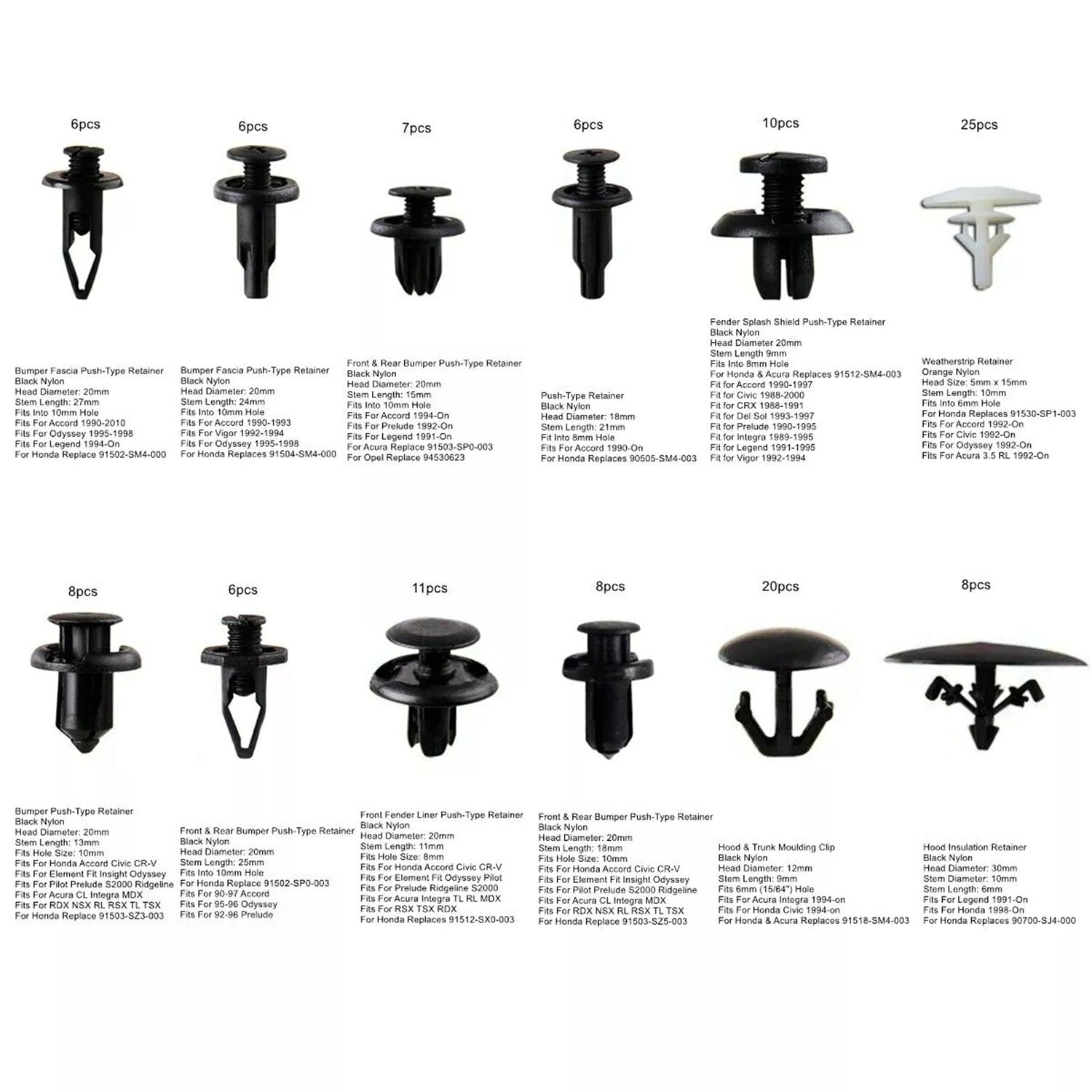 121 Fender Door Hood Bumper Trim Clip Body Retainer Assortment for Honda for Acura